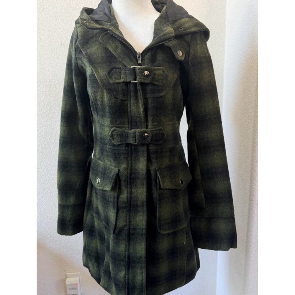 Women's Hooded Plaid Pea Coat in Olive Green